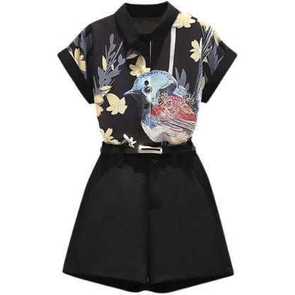 Floral Bird Print Chiffon T-Shirt Shorts Casual