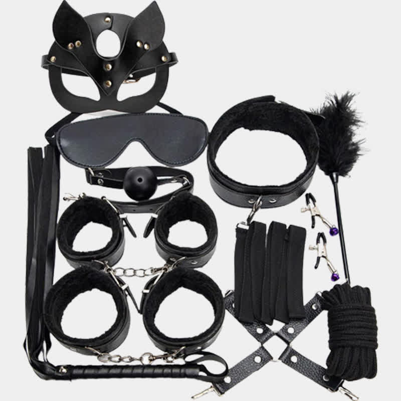 11-teiliges Dienstmädchen-Accessoire-Set aus schwarzem Leder