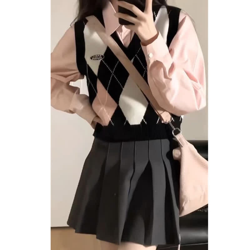 Skirt Pink Sleeve Pleated Rhombus Print Shirt Long Vest