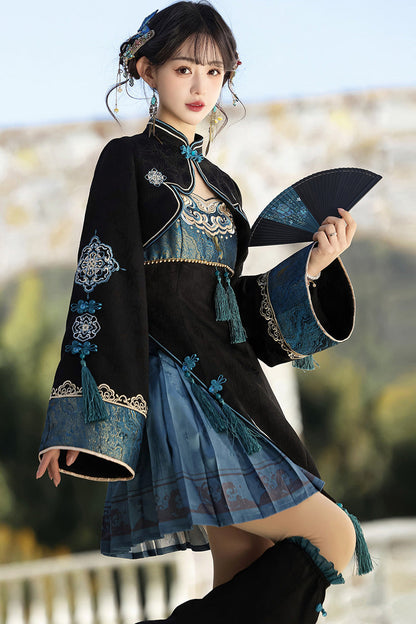 Cut-Out Embroidered Chinese Style Jumper Dress - Black/Blue Misty Teal