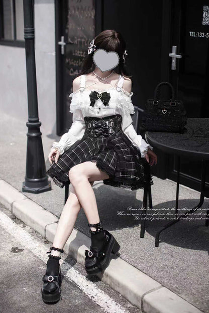Black Plaid Bow Sweet Japanese Skirt