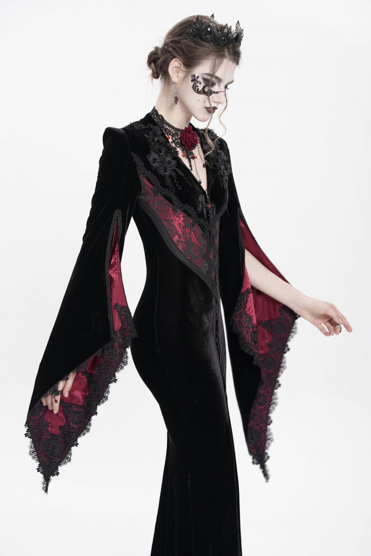 Trumpet Sleeve Floral Embroidered Velvet Gothic Dress