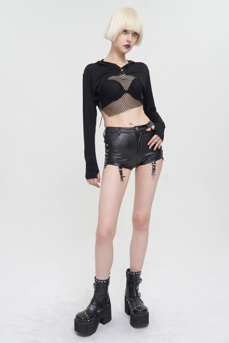 Pentagram Punk Shorts with Stockings in Black Faux Leather for Women