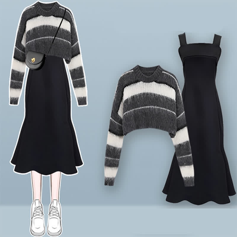 Chic Stripe Sweater Slip Dress Two Pieces