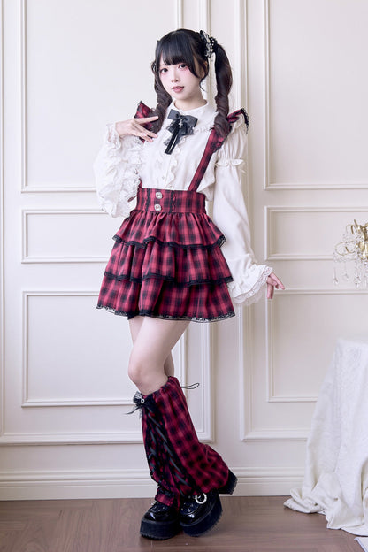 Crimson Three-Tier Tartan Ruffle Goth Jirai Kei Strap Dress