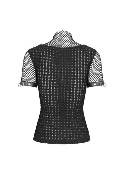 Punk Short-Sleeve Top with Mesh and Ring Embellishments
