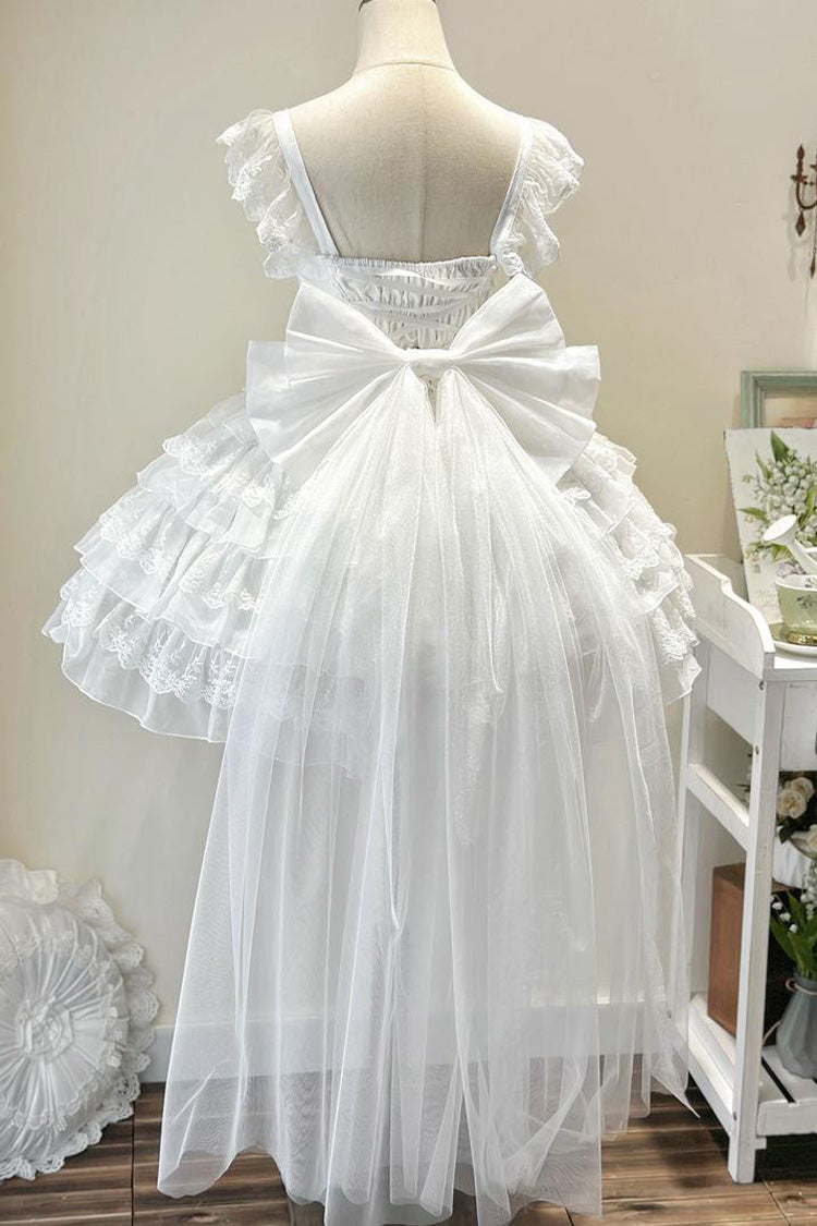 White Broken Wings Rebirth Sleeveless Multi-Layered Ruffle Bow Lace-Up Gothic Ballet Lolita Jsk Dress