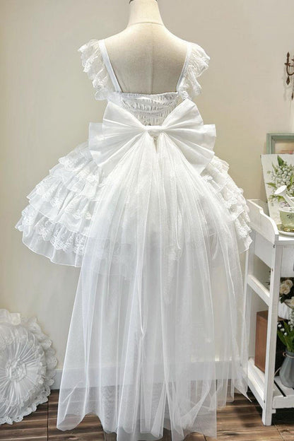 White Broken Wings Rebirth Sleeveless Multi-Layered Ruffle Bow Lace-Up Gothic Ballet Lolita Jsk Dress