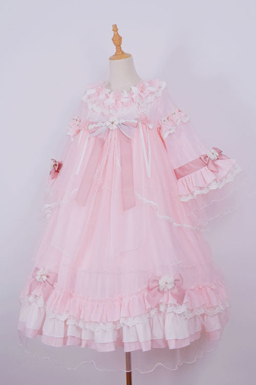 Red OP Tiered Dress Sweet Lolita Trumpet Sleeves Bowknot Ruffled - Altfashion Shop
