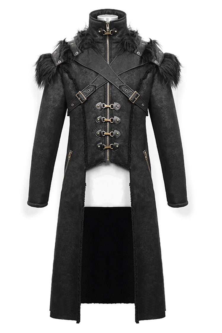Men's Punk Coat with Fur Cape and Metal Hasp