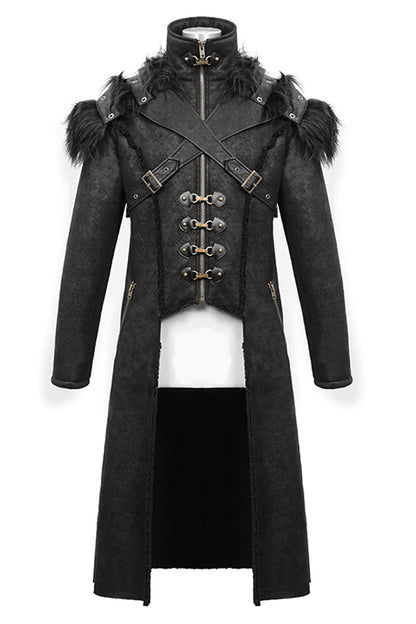 Men's Punk Coat with Fur Cape and Metal Hasp