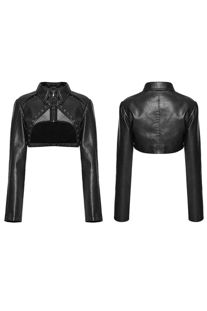 Women's Steampunk Short Coat with Long Sleeves and Hollow Stitching in Black Faux Leather