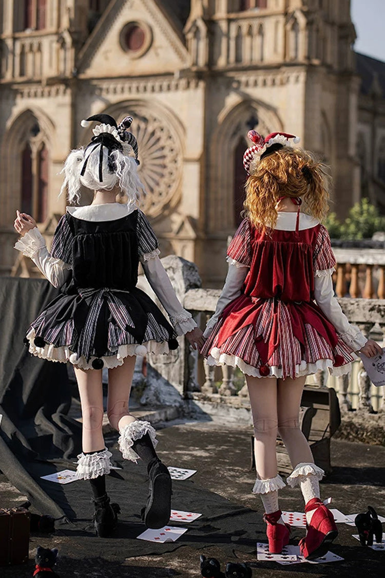 Letters and Poems Doll Mask Poker Clown Long Sleeves Ruffled Bow Gothic Lolita Dress Set