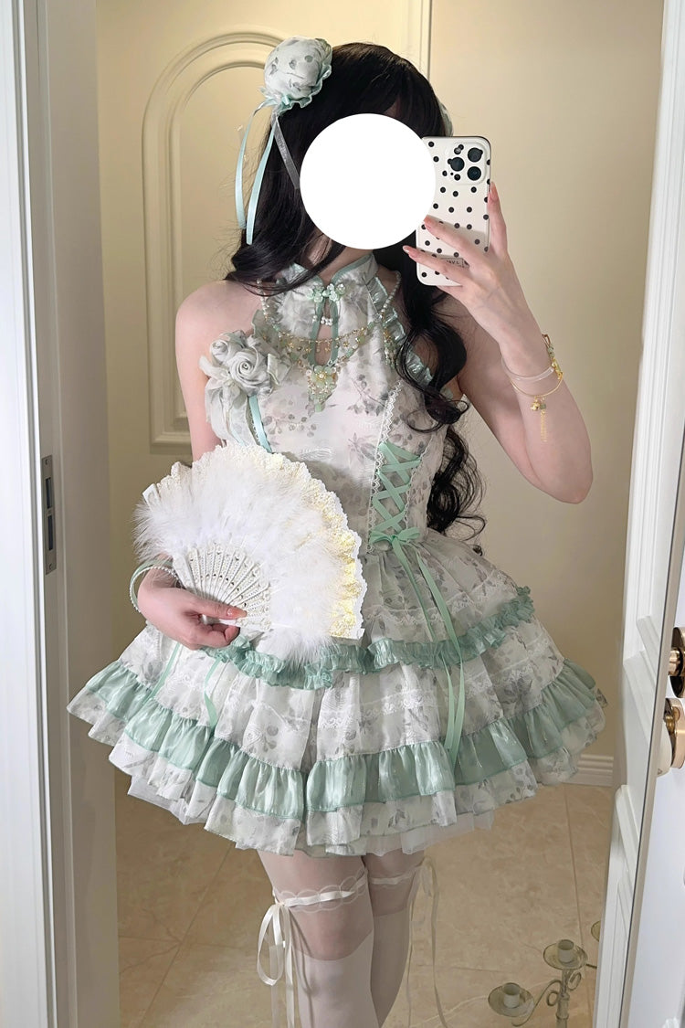 Peach Moon Bamboo Halterneck Print Ruffle Dress - Chinese Lolita Style