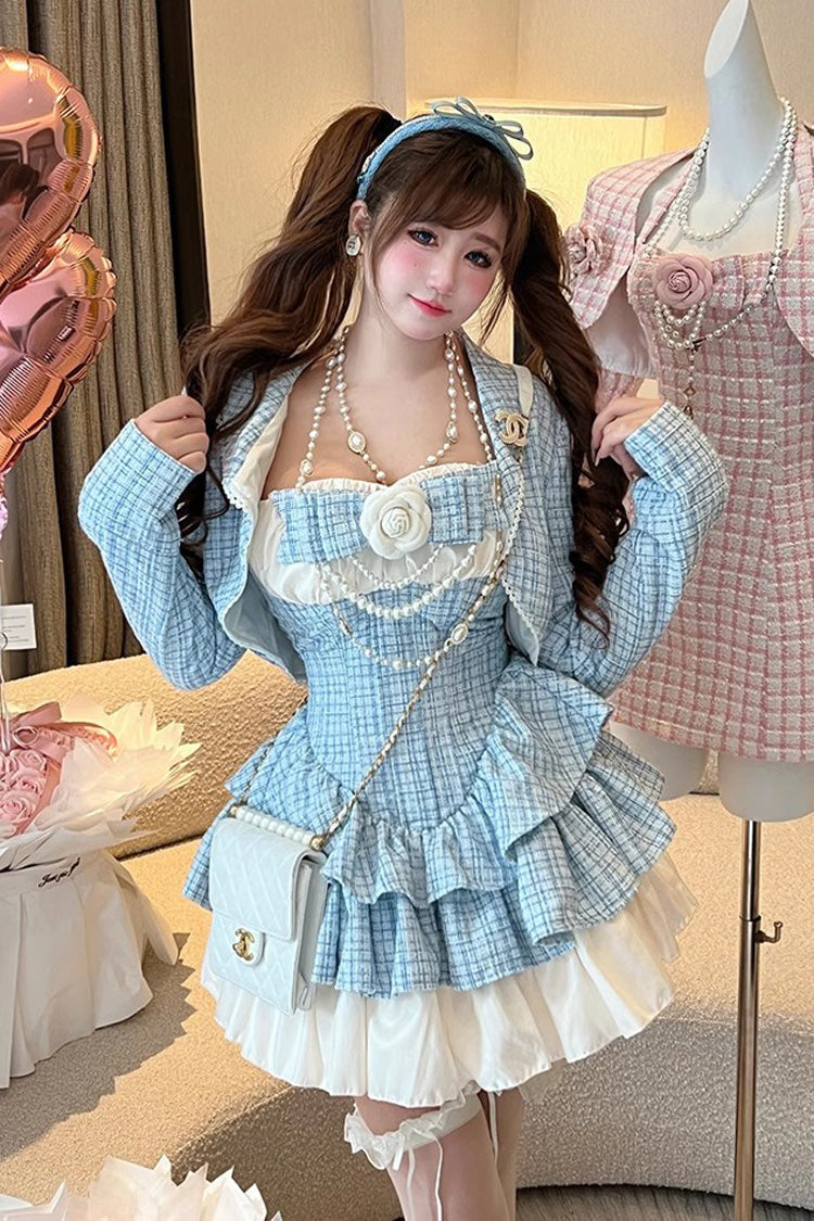 Blue Camellia Plaid-Print Ruffled Bow-Adorned Sweet Lolita Dress