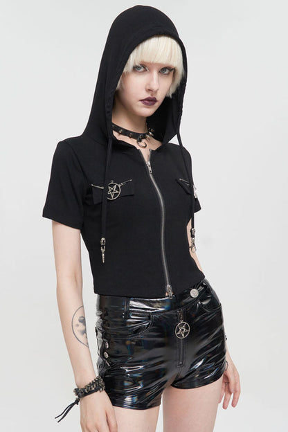 Front Zipper Double Pentagram Hooded Goth Tee