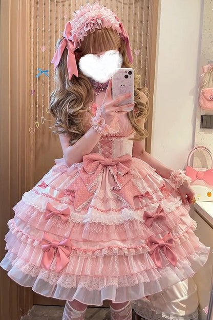 Pink Multi-Tier Ruffle Bow Lace Sweet Gorgeous Lolita Jumper - Little Lovetine