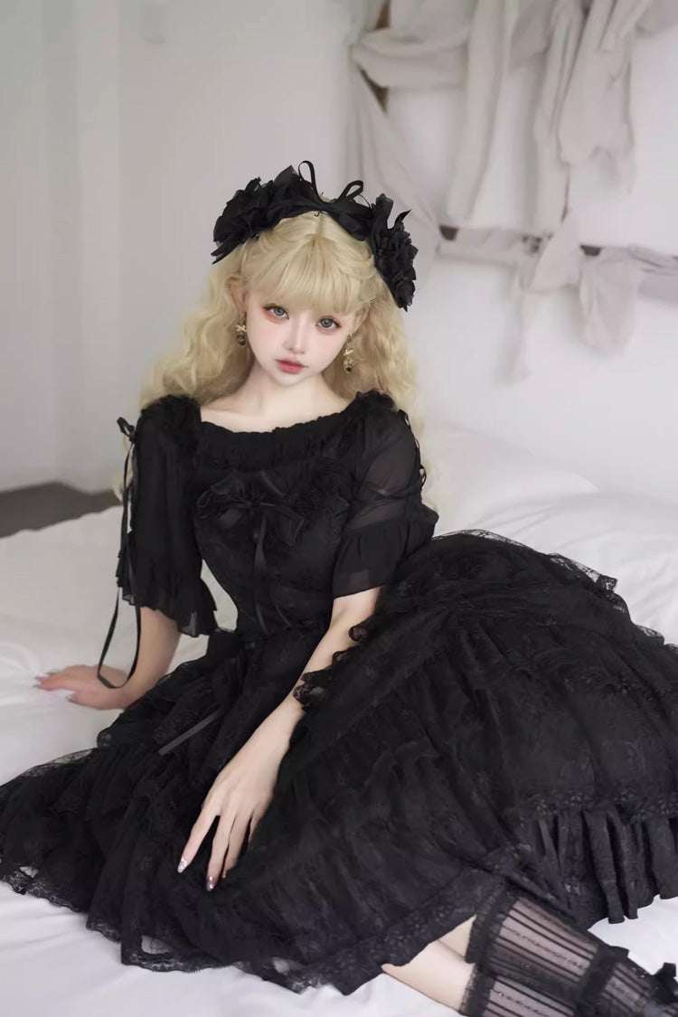 Gothic Princess Lolita JSK Dress with Ruffled Layers and Bow Accents