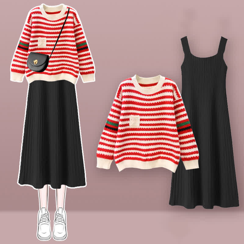 Knit Colorblock Set Stripe Sweater Dress Slip