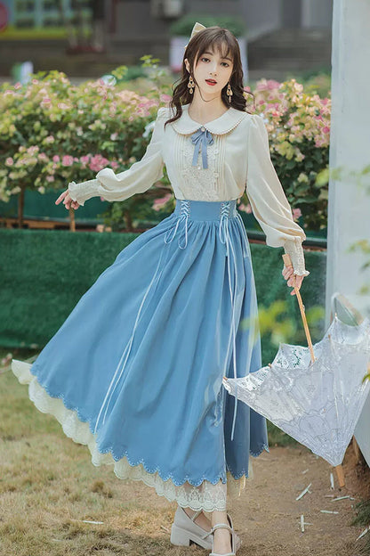 Blue Lapel Collar Long Sleeves High Waist Lace-Up Wave Hem Classic Lolita Two-Piece Set