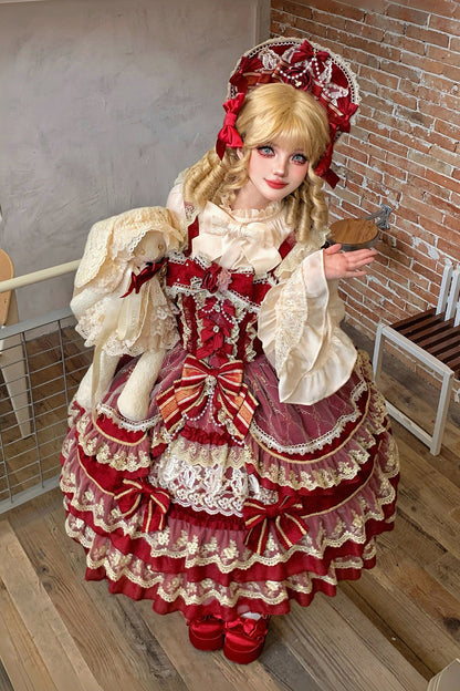 Ruby Gemstone Triple-Layered Bow Lace JSK Dress for Elegant Lolita