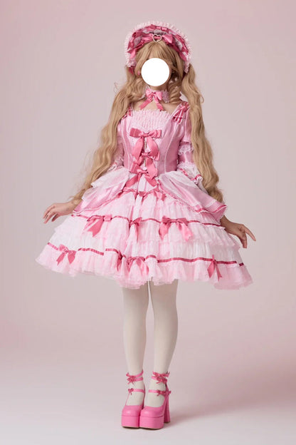 Rose Velvet Cake Long Trumpet Sleeves Multi Ruffle Bow Lace Sweet Lolita Dress