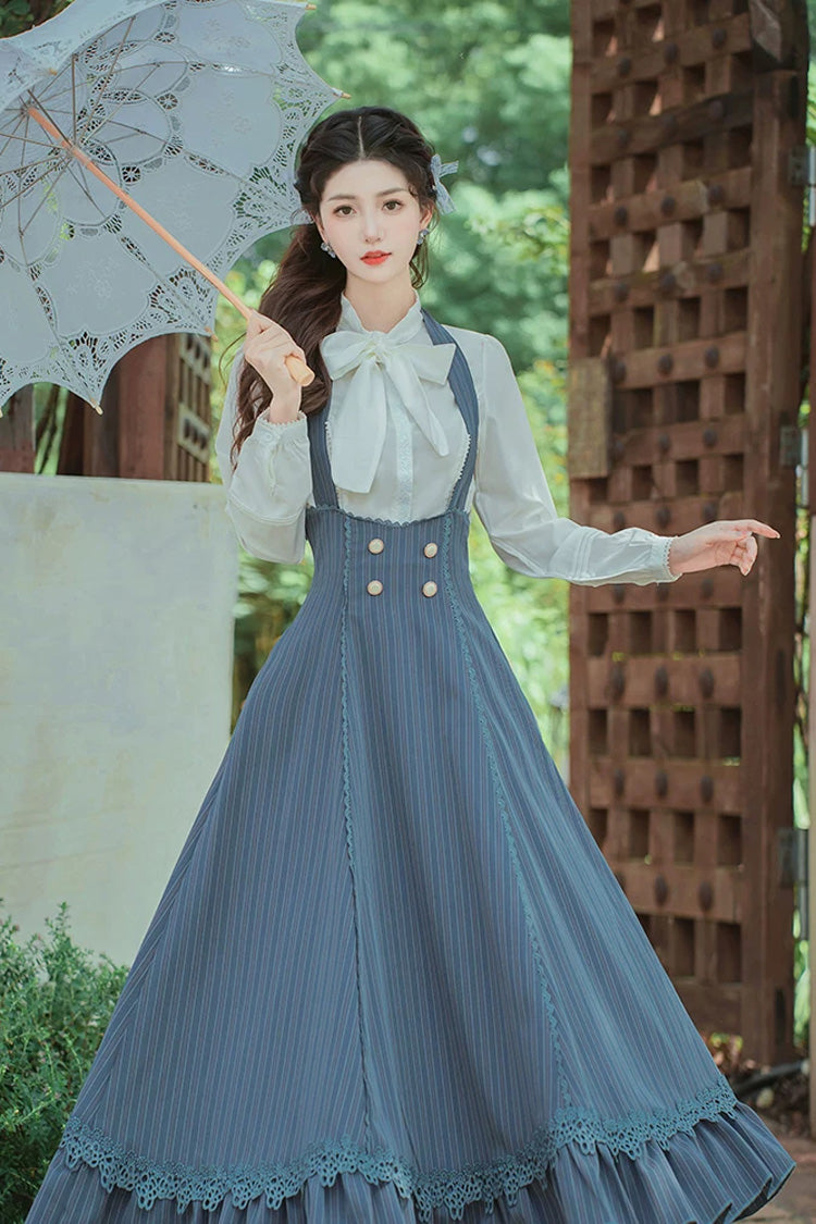 Blue Bustier Halter Long Sleeves Striped Print Bow Lace Sweet Lolita Two-Piece Set