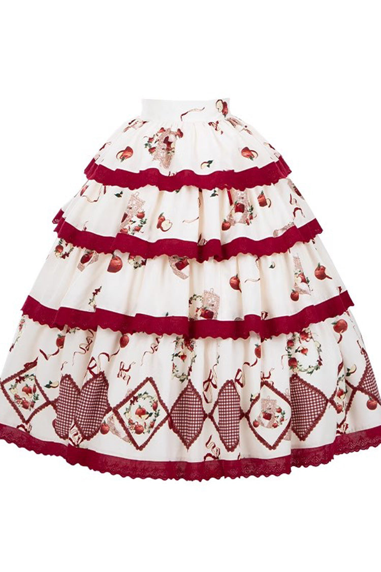 Red Beige Triple-Layer Apple Orchard Print Ruffle Embroidered Long Skirt