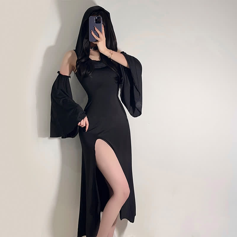 Robe fendue à capuche sans manches Black Witch