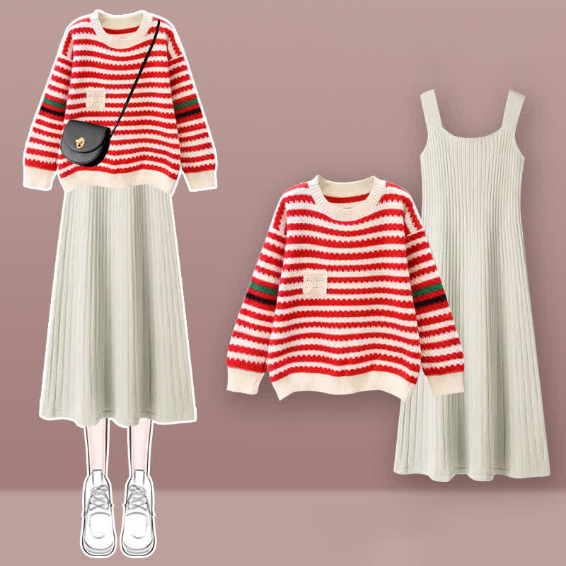 Knit Colorblock Set Stripe Sweater Dress Slip