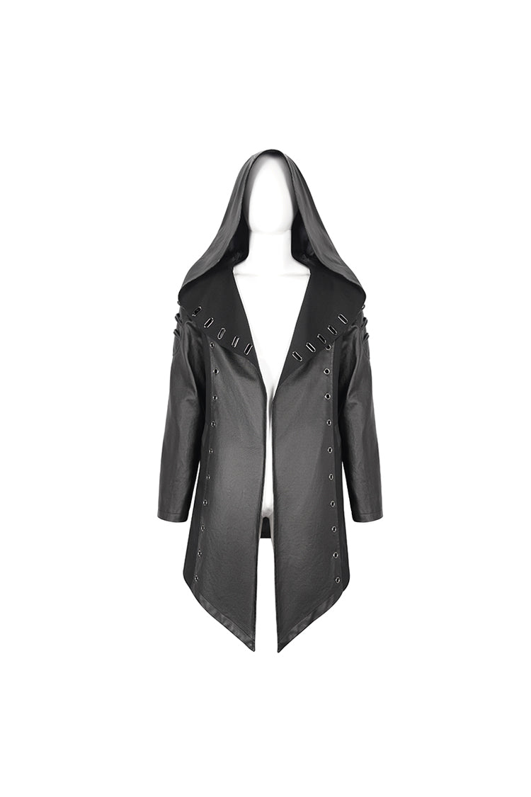 Eyelet Black Asymmetric Gothic Jacket with Hood for Men