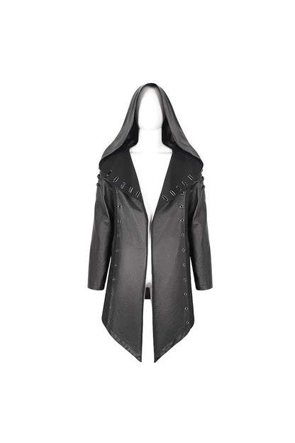 Eyelet Black Asymmetric Gothic Jacket with Hood for Men