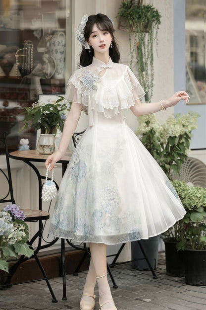 White Hydrangea Message Short Sleeves Print Ruffle Lace Sweet Chinese Style Elegant Lolita Short Dress
