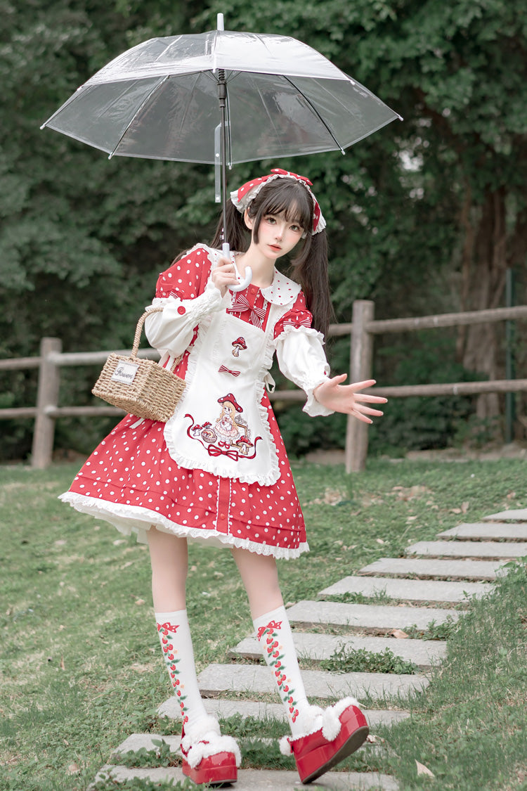 Red and White Doll-Collar Short-Sleeved Mushroom Princess Printed Polka Dot Ruffled Sweet Lolita Dress