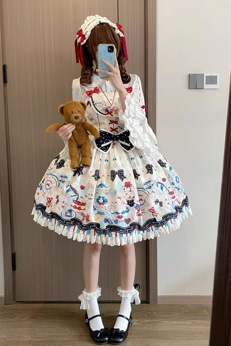 Mystery Rabbit Tea Party Sleeveless Print Ruffle Bowknot Lace Sweet Lolita JSK Dress in Beige
