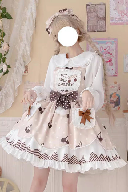 Cherry Milk Pie Print Ruffled Bow Stitched Jumper Dress
