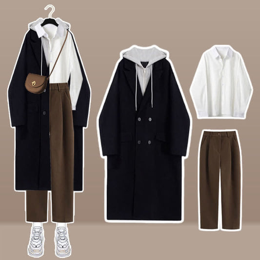 Double Button Hooded Coat Lapel Shirt Pants modakawa