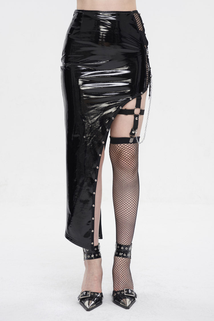 Patent Leather Asymmetric Black Punk Skirt with Mesh Stocking