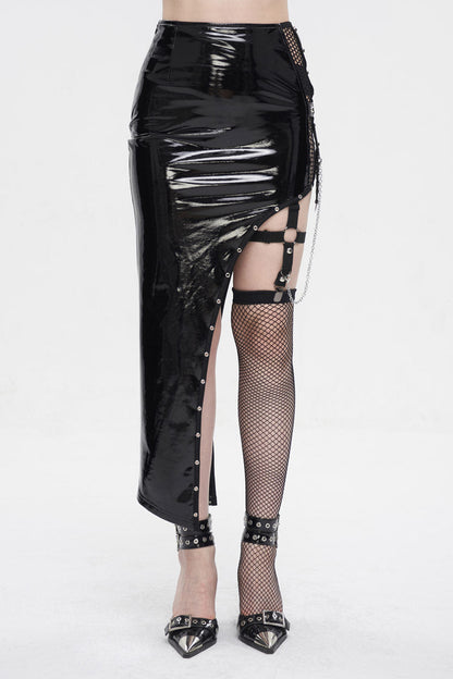 Patent Leather Asymmetric Black Punk Skirt with Mesh Stocking