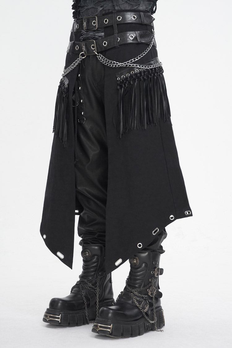 Double Belt Tassel Black Asymmetric Gothic Skirt for Men