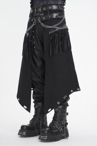 Double Belt Tassel Black Asymmetric Gothic Skirt for Men