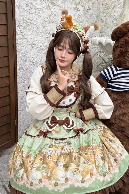 Emerald Printed Ruffled Bow Lolita JSK w/ Blouse - Squirrel Chocolate