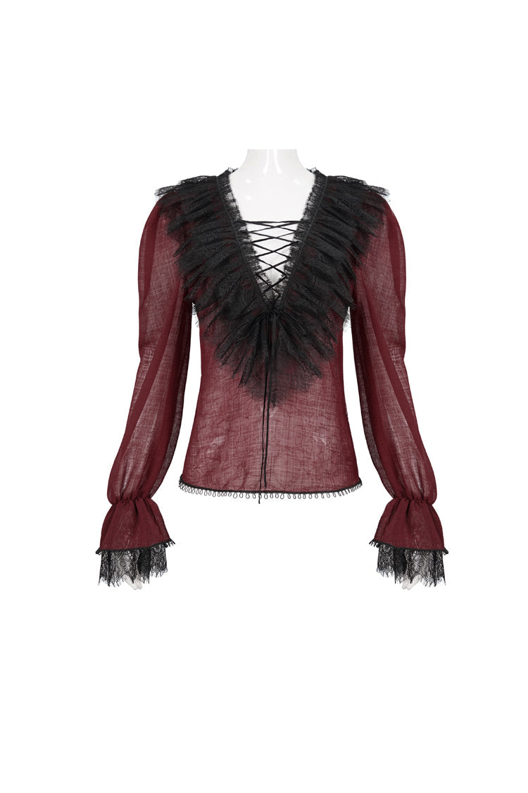 Crimson Slim Waist Tartan Stitched Layered Lace Long Sleeve Goth Shirt