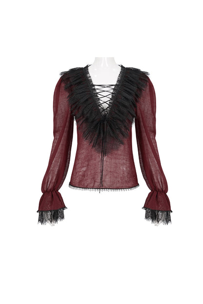 Crimson Slim Waist Tartan Stitched Layered Lace Long Sleeve Goth Shirt