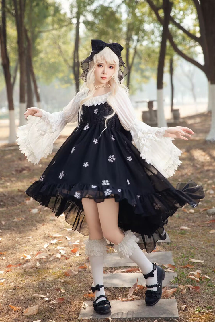 Feather Snowflake Embroidery Print Sleeveless Ruffle Bow Sweet JSK Dress