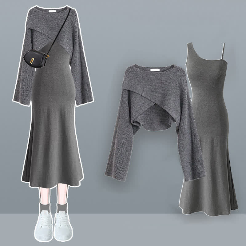 Grey Knitted Sweater Irregular Fishtail Slim Slip Dress