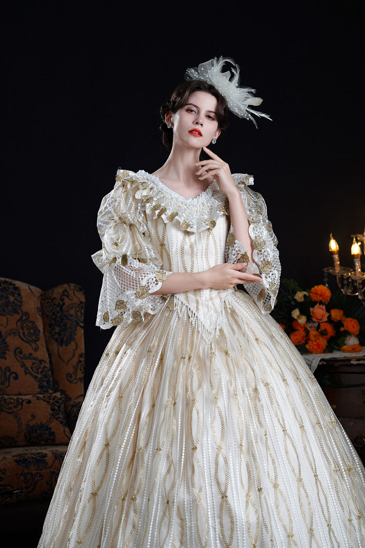 Ruffled Cut-Out Mesh Victorian Dress with Puff Sleeves
