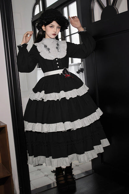 Gothic Lolita Castle Night Long-Sleeved Ruffle Embroidery Dress