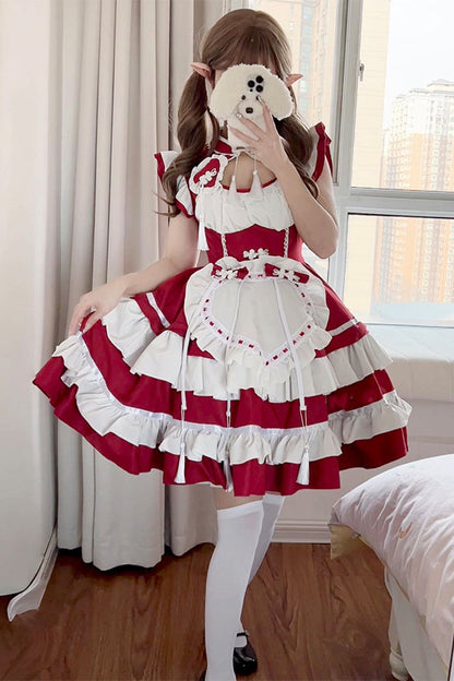 Scarlet and Ivory Love Double Layer Ruffle Bow Sweet Plus Size Chinese Lolita Dress