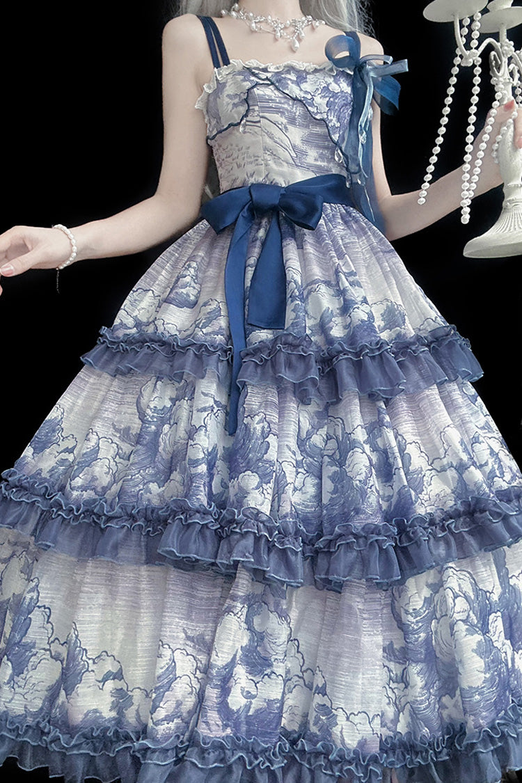 Multihued Layered Cloud Print Ribboned Lolita Jumper
